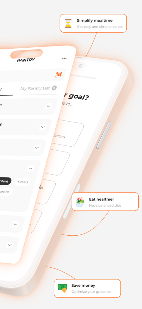 Foodiaz - Mobile app screens showing Foodiaz pantry management and benefits for healthy eating and saving money