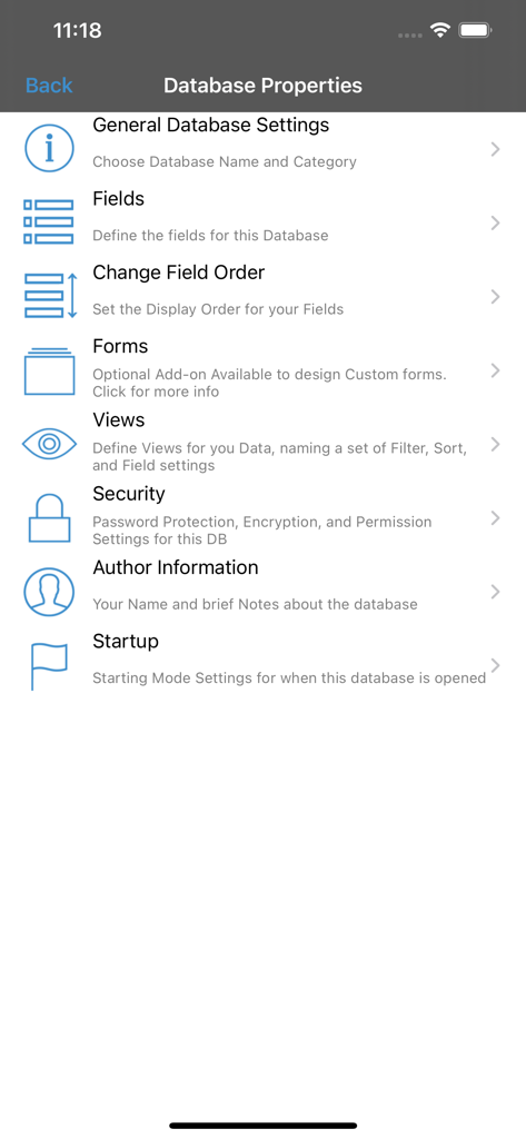 Database properties screen in HanDBase showing settings for fields views and security