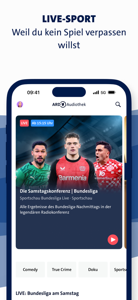 ARD Audiothek app screenshot showing live Bundesliga soccer radio streaming