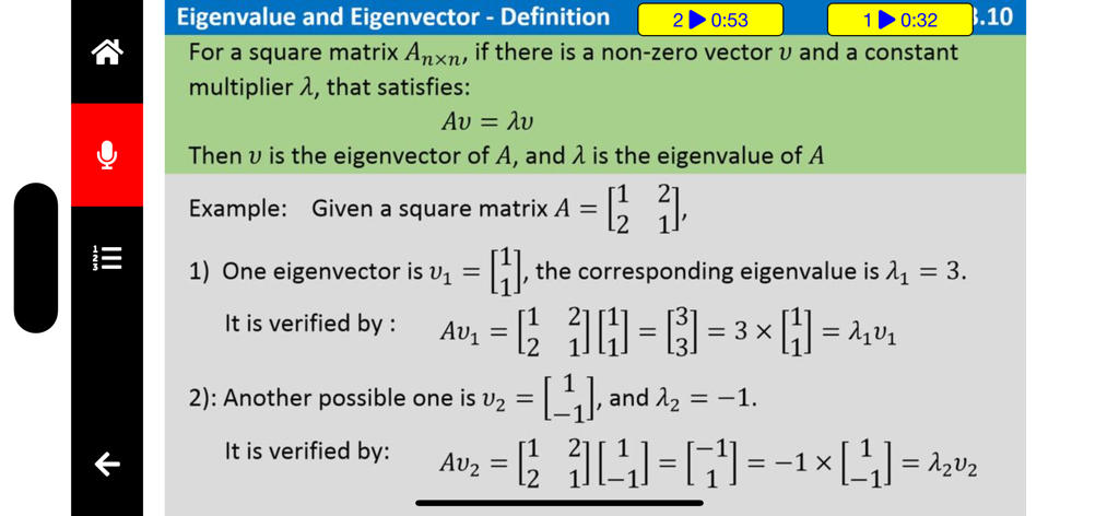 Linear Algebra QCard - Eine Lernkarteikarte von der Lineare Algebra QCard App, die Eigenwert und Eigenvektor mit Matrixbeispielen definiert