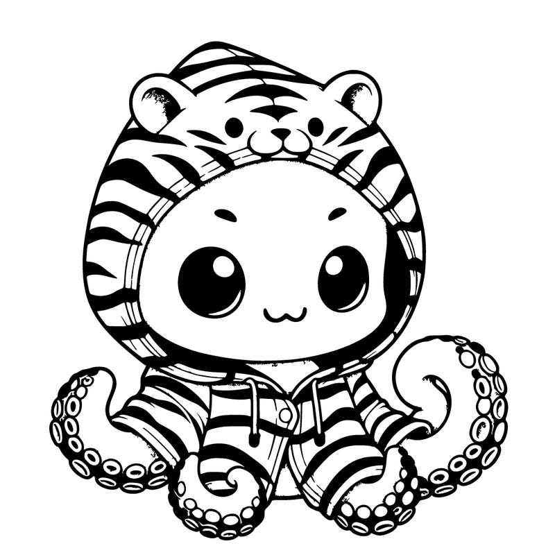 a cute realistic octopus wearing a tiger hoodie