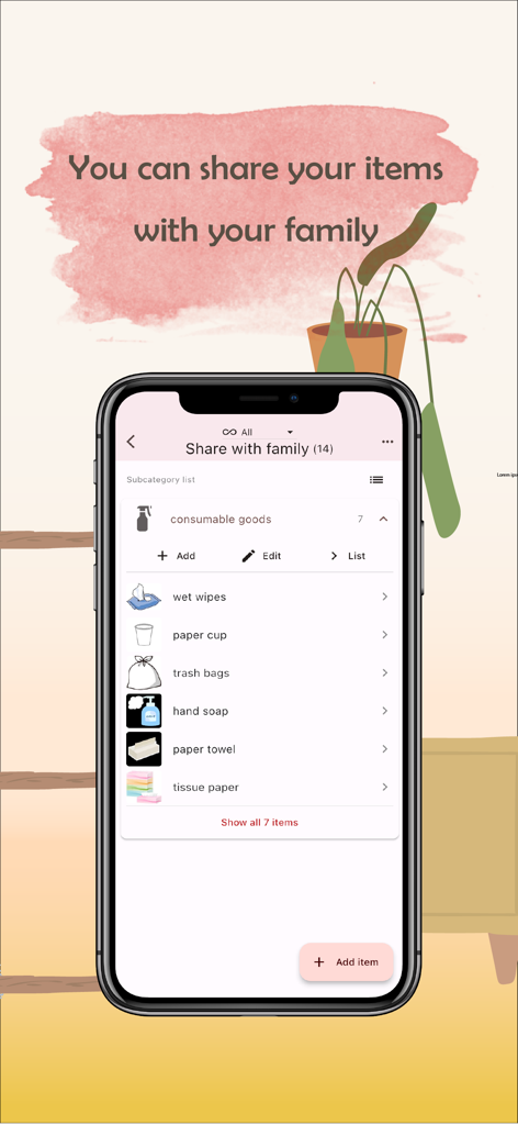 monoca 2 - Collection Manager - Smartphone screen displaying the family sharing feature of the monoca 2 app with a list of household items.
