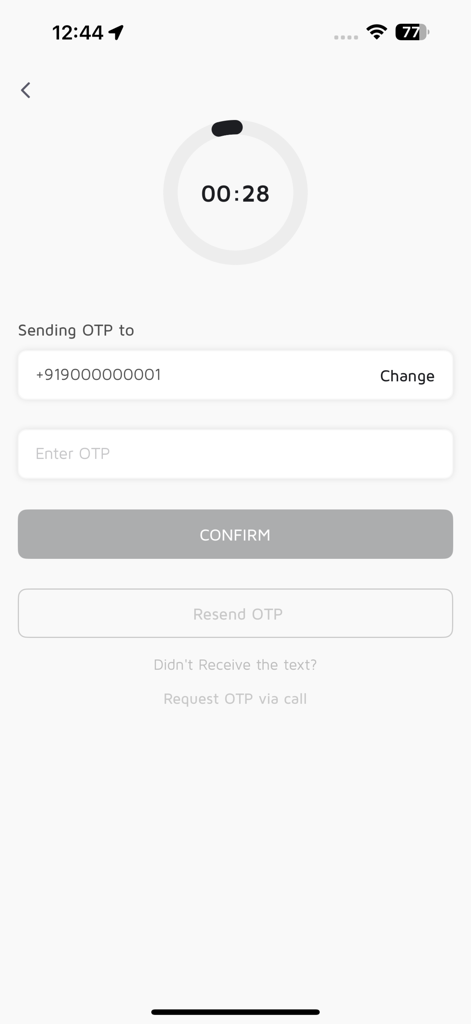 Scoop Ride Customer - Scoop Ride app verification screen for entering a one-time password with a countdown timer
