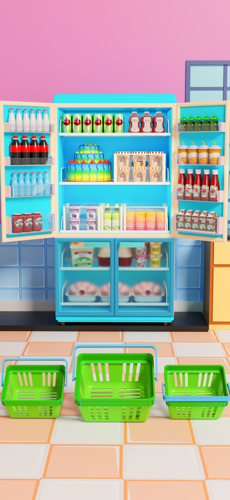 A fully stocked and organized refrigerator with groceries and shopping baskets in a colorful 3D puzzle game