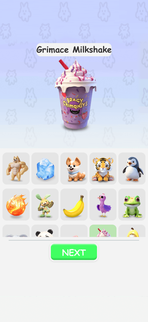 Interface of the Mix Monster game showing a Grimace Milkshake selection and a grid of characters including a buff dog, tiger, and penguin.