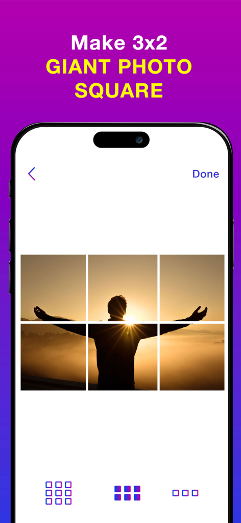 Interface of the Grid Maker app showing a person at sunset split into a 3x2 giant photo square grid for social media