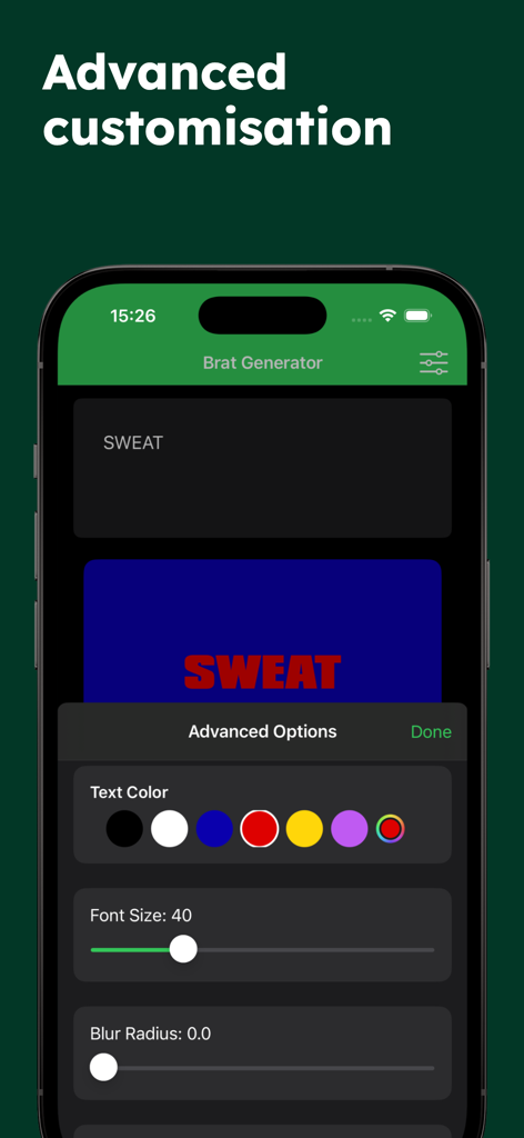 Brat Generator app interface showing advanced customization options including text color selection and font size sliders