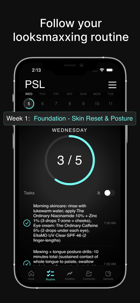 A mobile app interface displaying a daily looksmaxxing routine with tasks for skincare and mewing