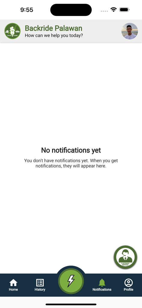 Pantalla de notificaciones vacía de la aplicación móvil Backride Pinas.