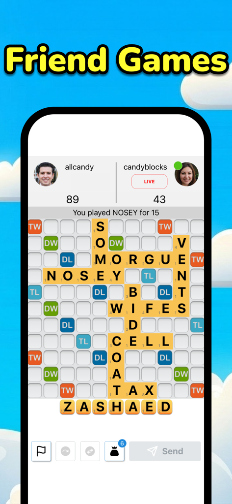 Multiplayer Board Games - Una partida multijugador en vivo de Fichas de Palabras entre dos amigos en la aplicación Cafetería de Juegos de Mesa.