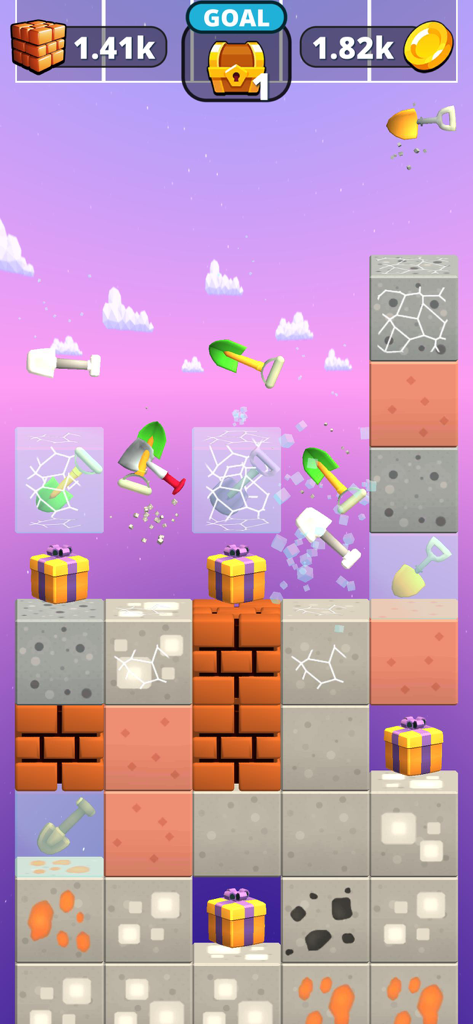 Merge and Dig - Gioco di Merge and Dig che mostra strumenti che estraggono blocchi colorati e raccolgono ricompense