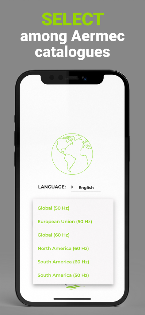 Aermec app screen for selecting HVAC product catalogues by region and frequency