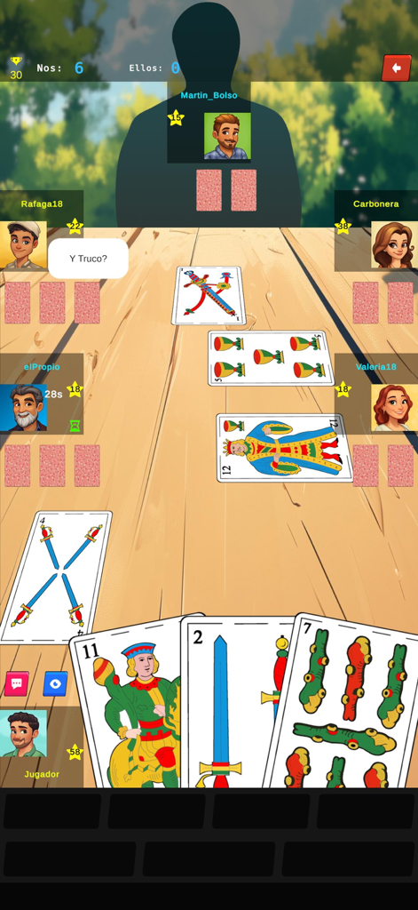 Captura de pantalla de la jugabilidad de una partida online 3v3 en la app de juego de cartas Truco Uruguayo que muestra cartas tradicionales y avatares de jugador.