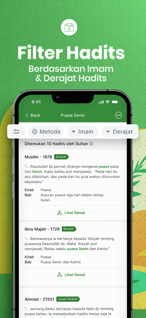 Smartphone screen showing search results for Monday fasting with filters for Imam and hadith authenticity levels in Indonesian.