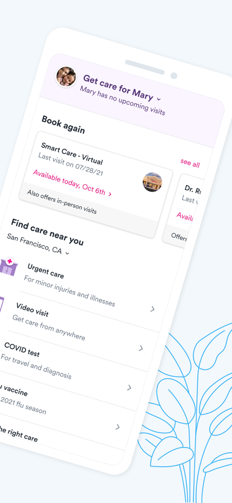 Solv app screen showing same day healthcare booking options for urgent care and virtual visits