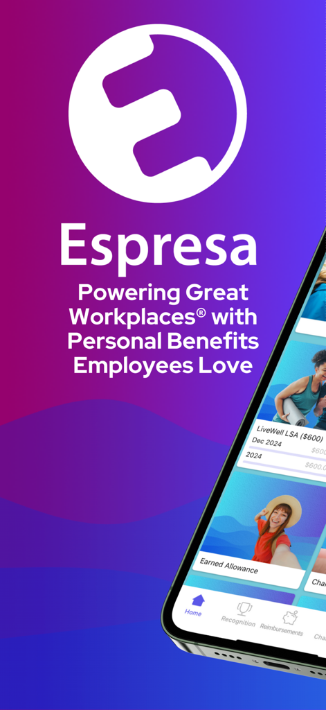 Espresa app branding screen showing workplace benefits and employee lifestyle rewards