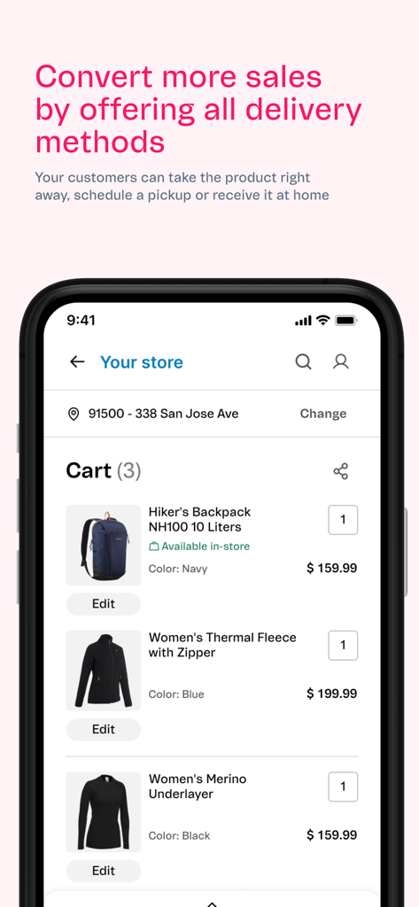 VTEX Sales App - Interface de carrinho de compras móvel no VTEX Sales App mostrando itens de vestuário e opções de entrega flexíveis