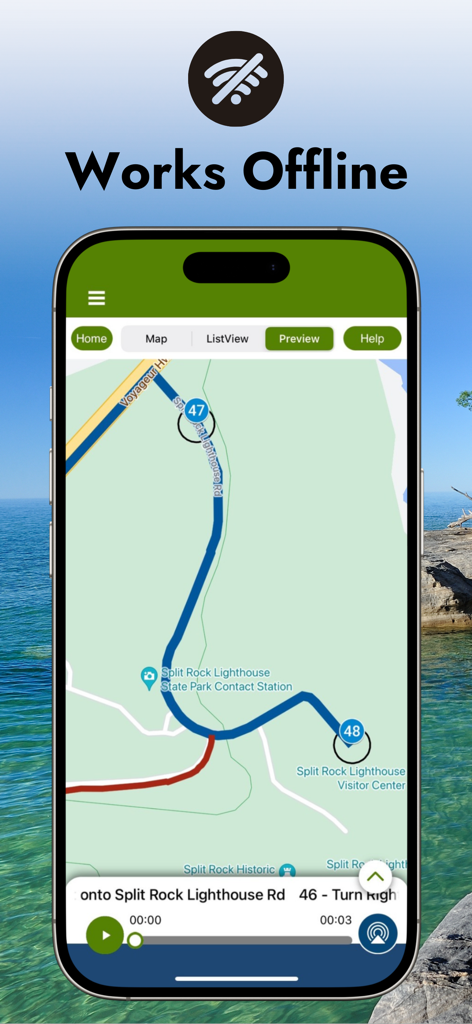 Lake Superior GPS Circle Tour - Screenshot of the Lake Superior GPS Circle Tour app showing an offline map and navigation interface