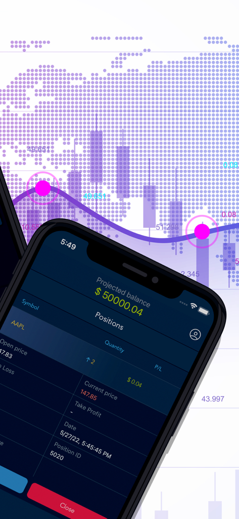 Smartphone mostrando la aplicación Trade The Pool con un saldo de cuenta de cincuenta mil dólares y posición de acciones de Apple
