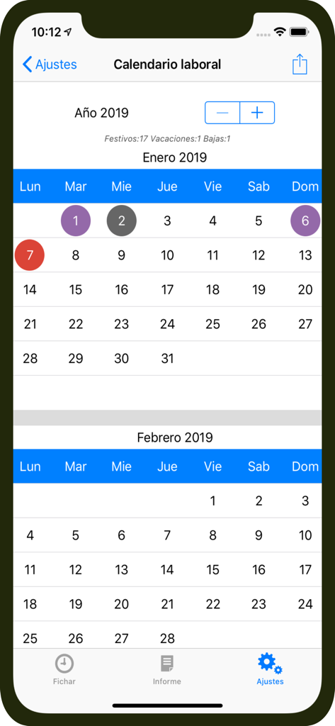 Reloj Laboral, control horario - Interfaz de la aplicación Reloj Laboral que muestra un calendario de trabajo con fechas codificadas por colores para festivos y seguimiento de ausencias