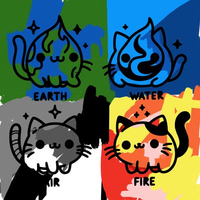 4 cats that represent the different elements, earth, water, air, and fire