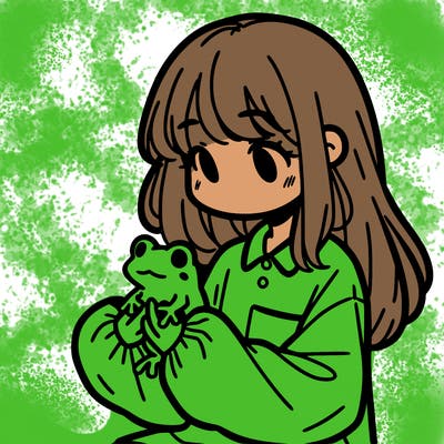 girl with long hair and a oversized shirt. and she is holding a frog