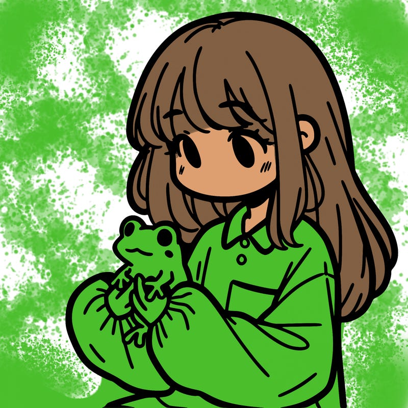 girl with long hair and a oversized shirt. and she is holding a frog
