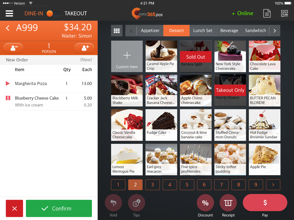 Eats365 POS iPad application interface showing a visual dessert menu and customer order summary