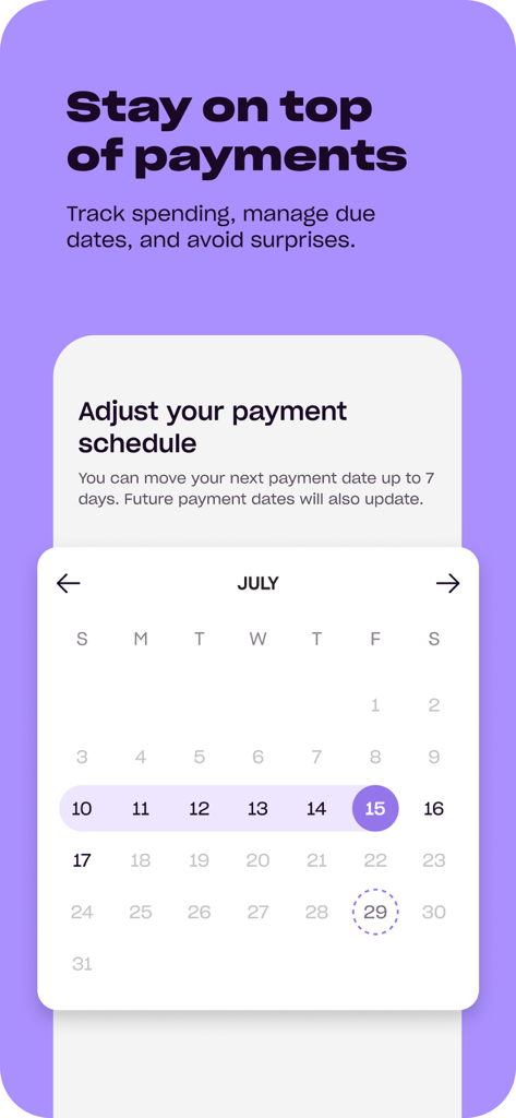 A mobile app interface from Zip showing how to adjust installment payment dates using a calendar view.