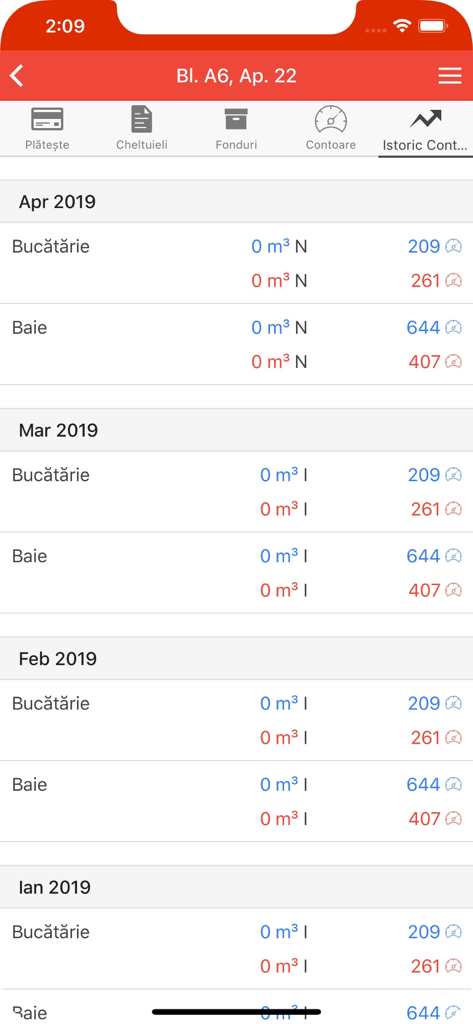 homefile - Mobile app interface displaying a history of monthly water meter readings for a residential property.