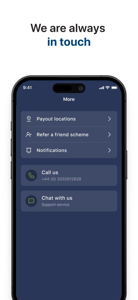MoneyTO Money Transfer - MoneyTO app interface displaying customer support contact options including call and chat services