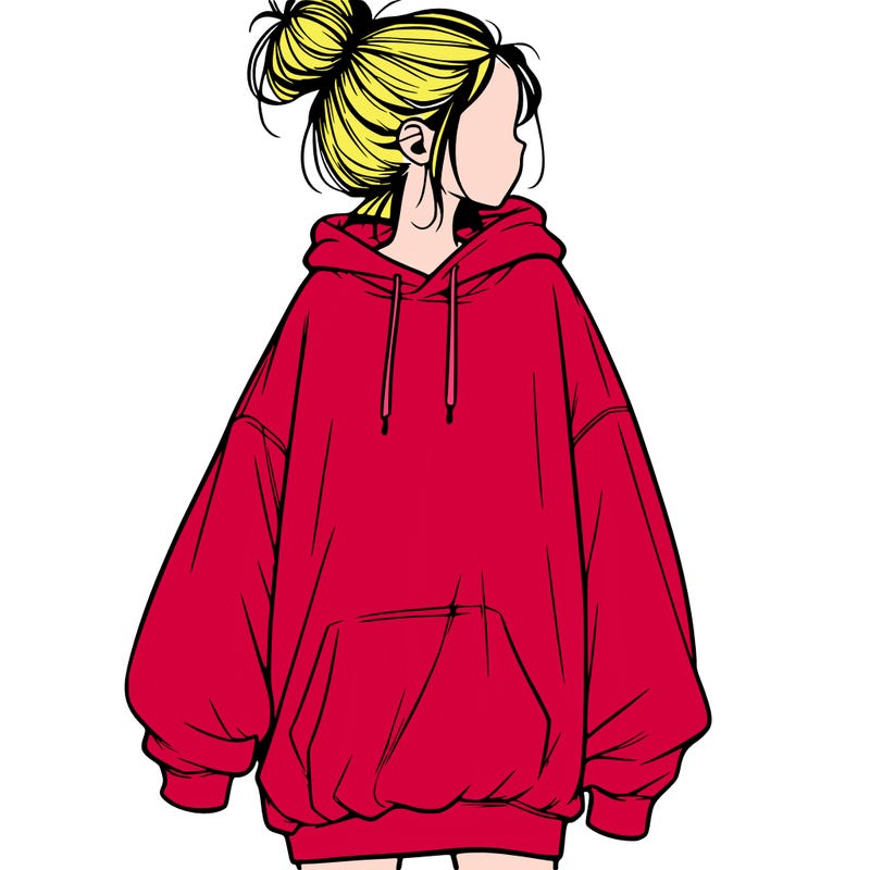realistic girl with a oversized sweatshirt on and a bun