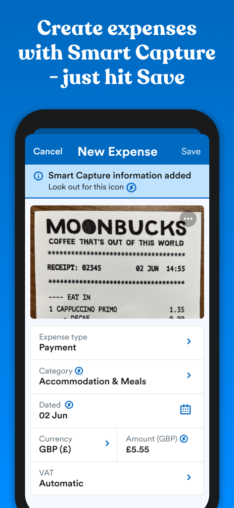 FreeAgent Mobile Accounting - スマートキャプチャ機能を使用して、コーヒーショップのレシートをスキャンし、経費の詳細を自動入力するFreeAgentアプリのスクリーンショット。