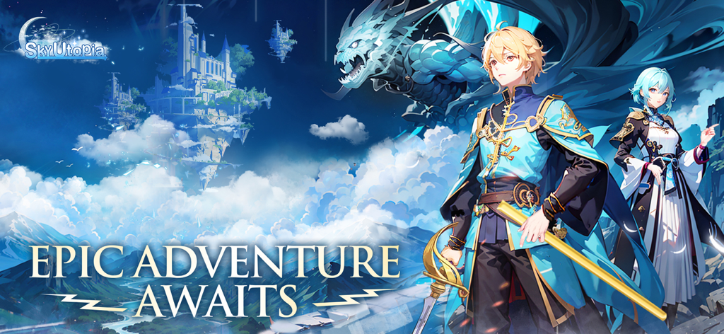 Anime characters and a blue dragon standing before a floating city in Sky Utopia
