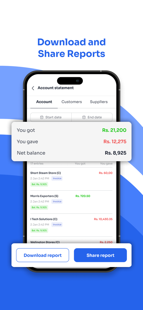 Pantalla de extracto de cuenta de la aplicación Shopbook que muestra el saldo financiero y los botones para descargar informes