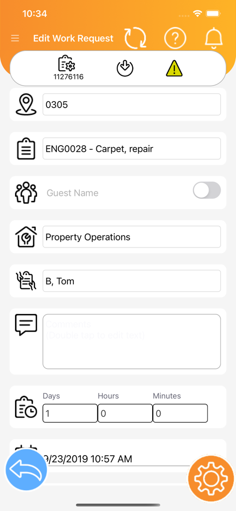 Inigma - A mobile app screen for editing a facility maintenance work request