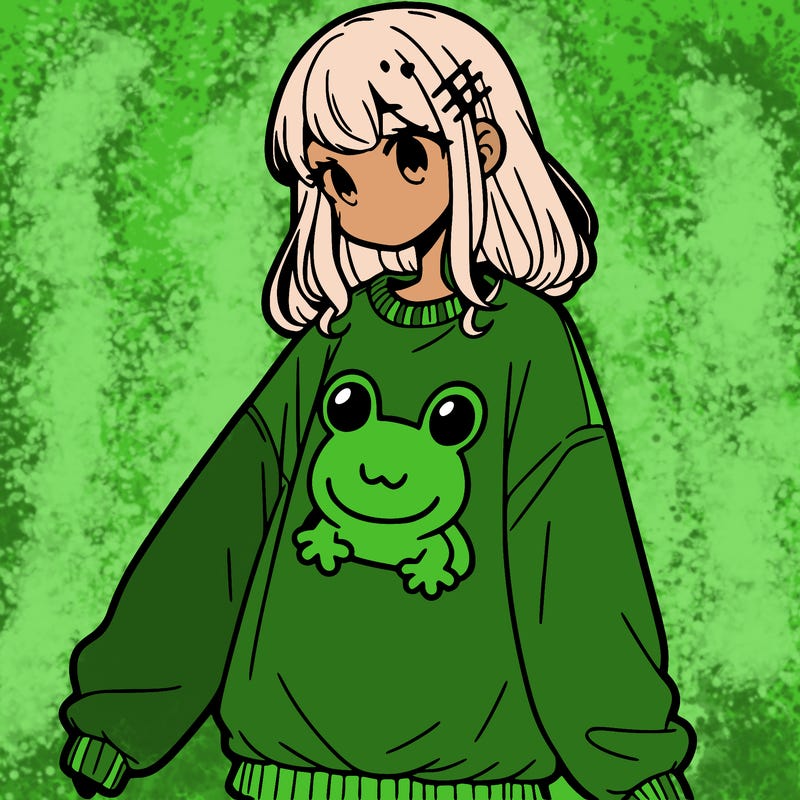 girl wearing frogging sweatshirt