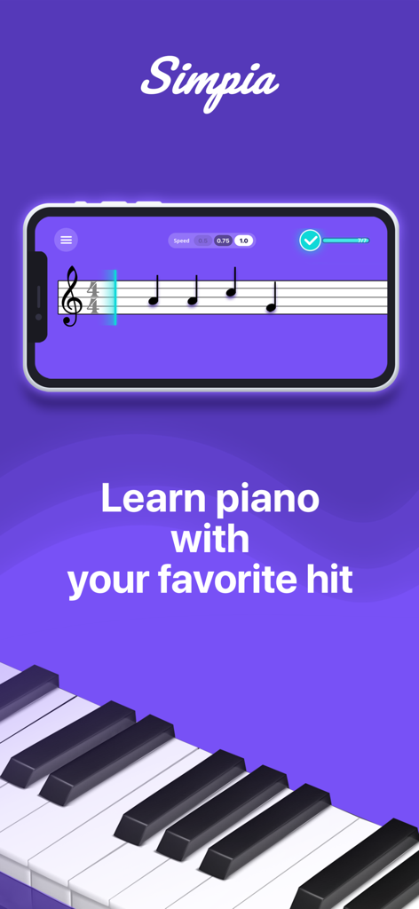 Simpia – Learn piano by songs - Simpia mobile app interface showing digital sheet music on a smartphone screen above a piano keyboard.