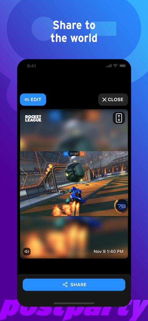 Postparty - A Rocket League gameplay clip in the Postparty mobile app ready to be edited and shared.