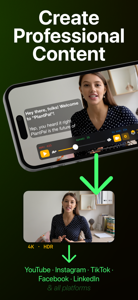 Telepromptr - Smartphone screen showing a woman recording a video with a teleprompter script for social media platforms like YouTube and Instagram in 4K HDR.