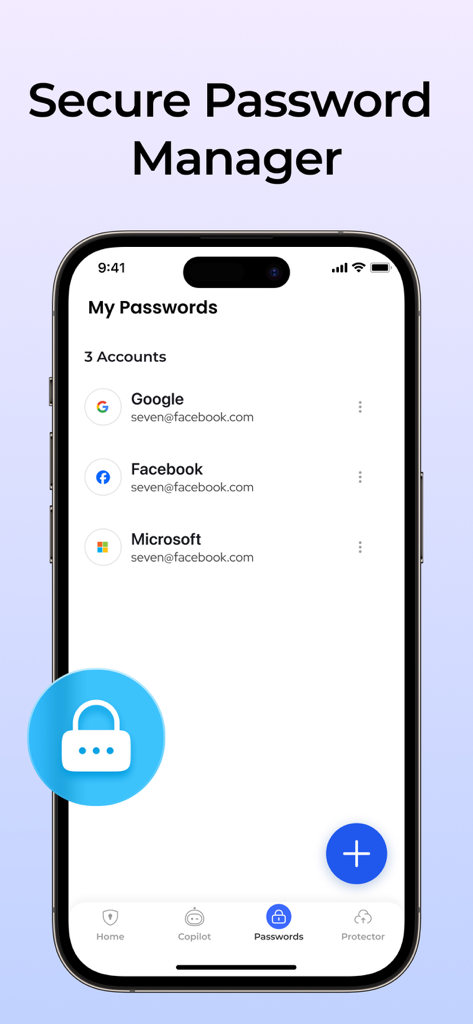 Interface du gestionnaire de mots de passe sécurisé affichant les comptes stockés pour Google, Facebook et Microsoft