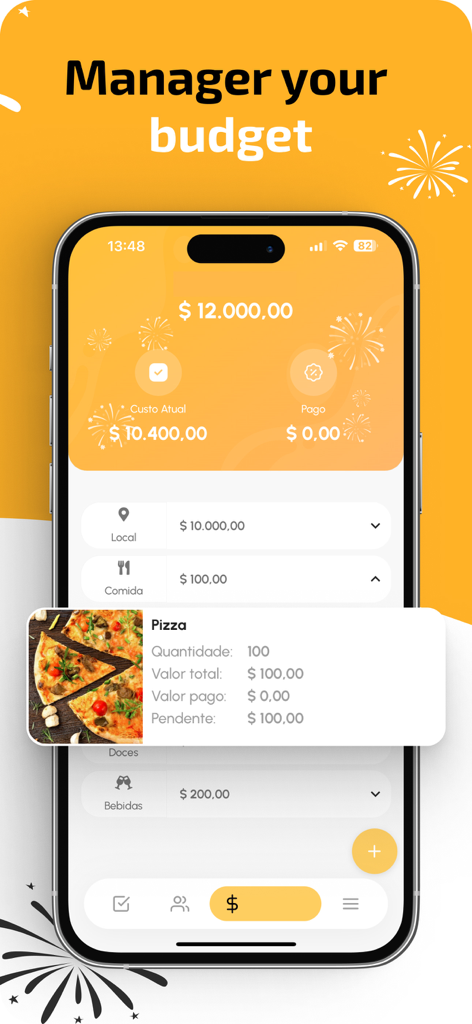 Party Planner Guest List - Un écran de smartphone montrant la fonctionnalité de gestion budgétaire de l'application Planificateur de Fêtes avec des catégories de dépenses et une ventilation des coûts de pizza