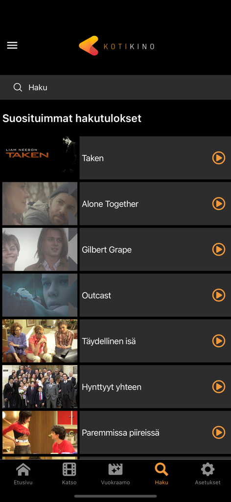 Kotikino - Search interface of the Kotikino streaming app showing a list of movies and series in Finnish.