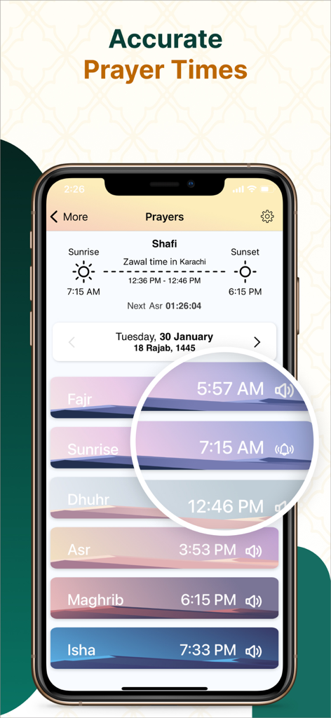 Una pantalla de teléfono inteligente que muestra la aplicación Islam360 con horarios de oración diarios precisos para Fajr, Dhuhr, Asr, Maghrib e Isha.