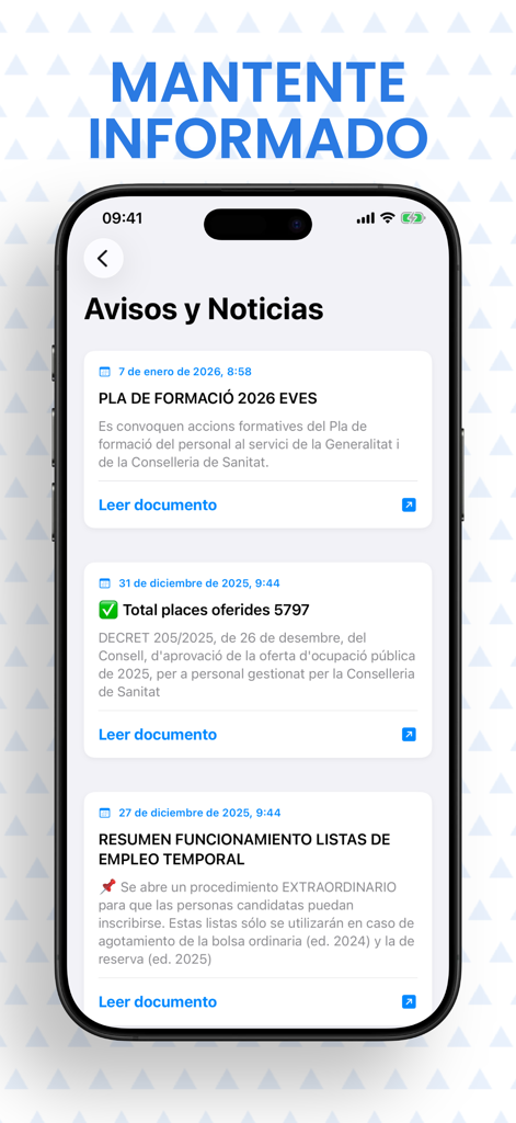 Interfaz móvil de la aplicación Bolsa Sanidad GVA 2.0 mostrando la sección de avisos y noticias con actualizaciones de empleo en sanidad y ofertas de trabajo.