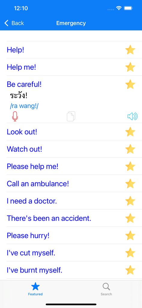 Emergency phrases and translations in the Learn Thai Travel Premium app