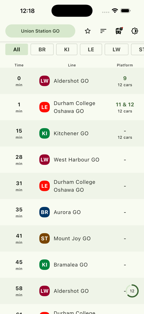 GO Departures - Real-time GO Transit departure board showing train lines, countdown times, and platform numbers for Union Station
