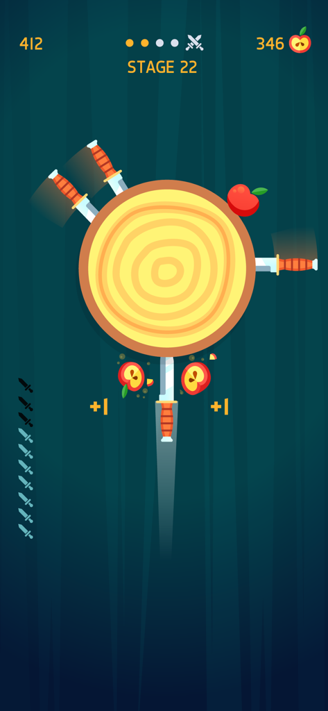 Knife Hit gameplay showing knives embedded in a rotating log and a sliced apple