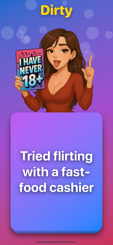 I Have Never 18: Couple Games - Interfaccia del gioco Never Have I Ever 18 plus che mostra una carta di categoria spinta su un impiegato di fast food che flirta.