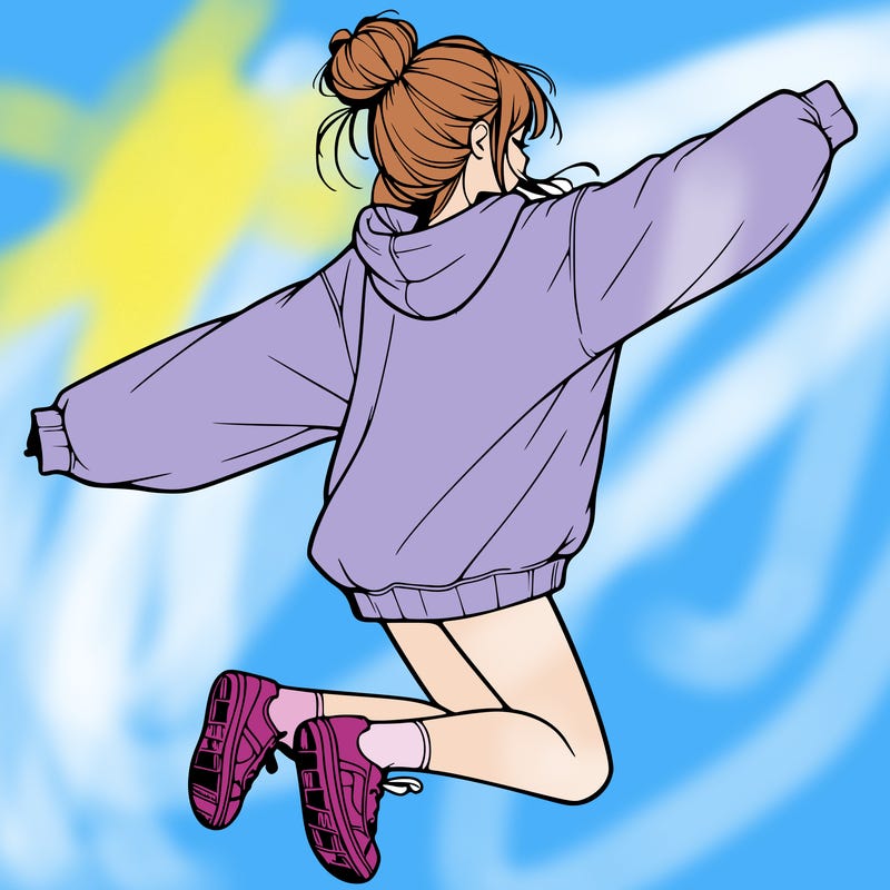 realistic girl jumping with a bun and oversized sweatshirt